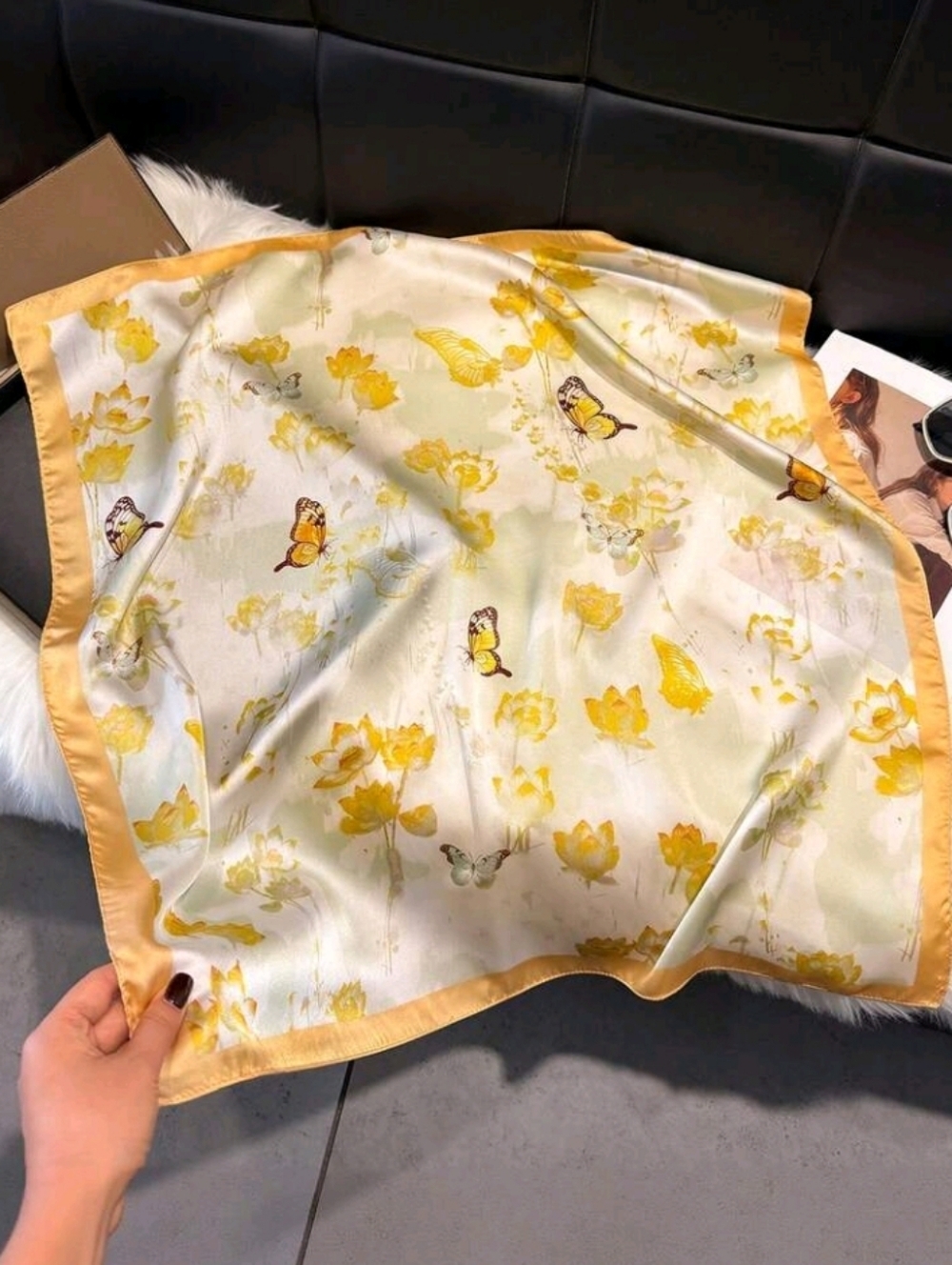 Yellow Floral & Butterfly Satin Spring Summer Scarf